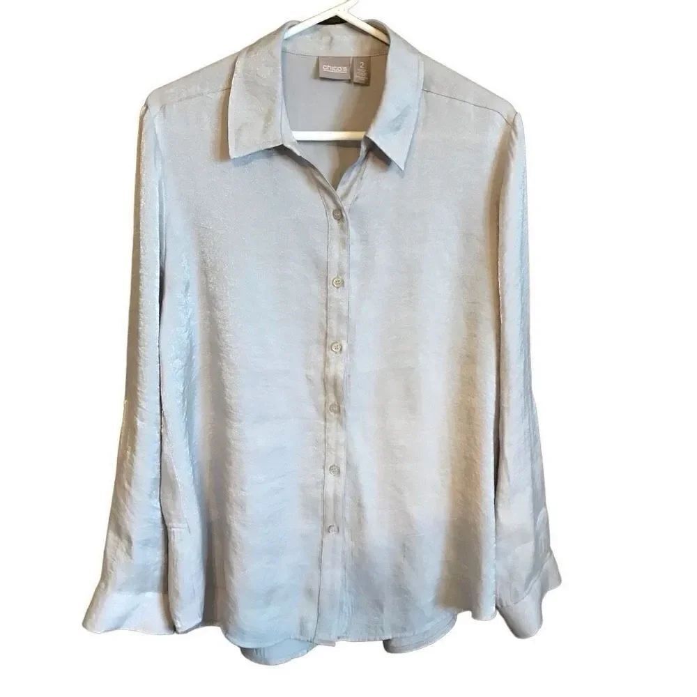 Chicos size 2 = Large button down blouse top gray shimmer tab sleeve career